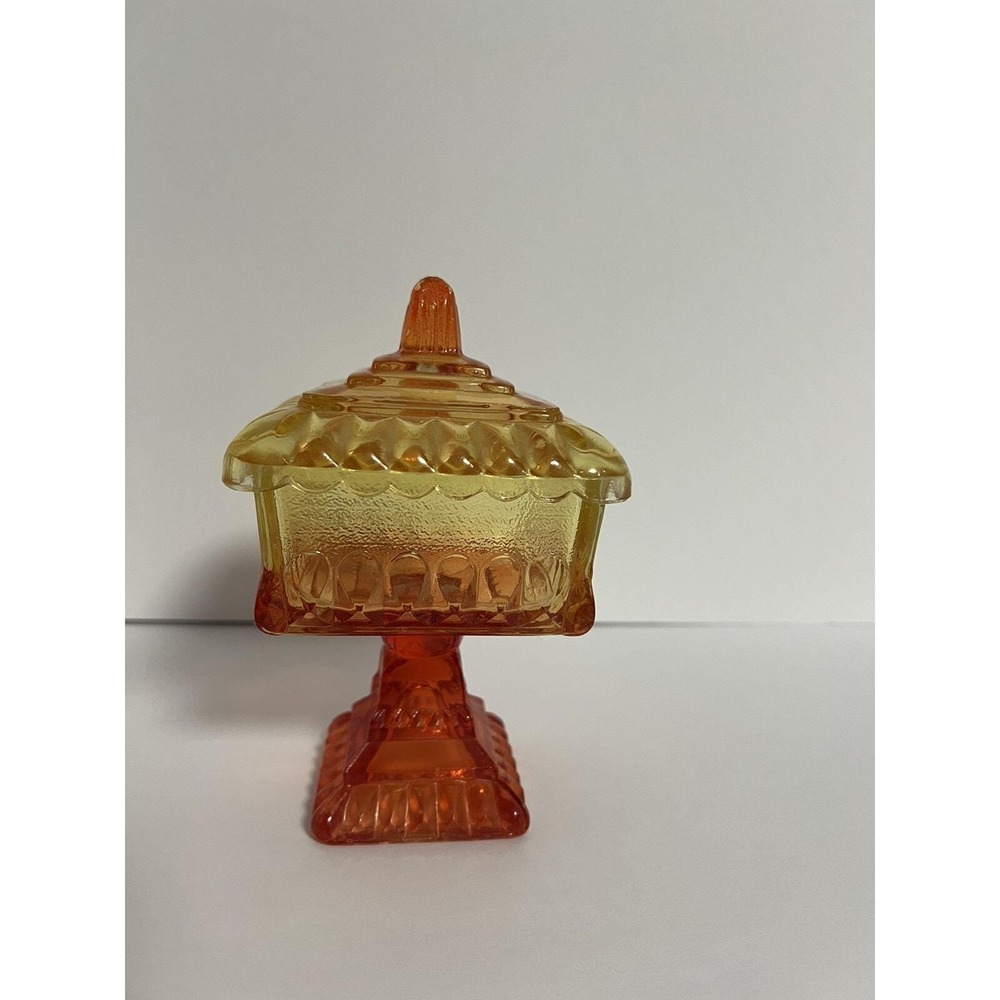 Jeanette Glass Ombre Candy Dish Wedding Box Vintage UV Reactive Red And Yellow